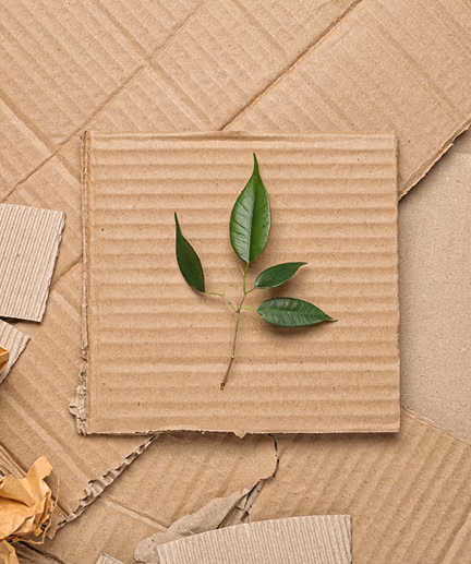 Verschiedene Pappe und Karton Stücke liegen flach am Boden. Darauf liegt ein kleiner Zweig mit vier grünen Blättern.